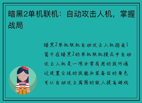 暗黑2单机联机：自动攻击人机，掌握战局